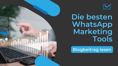 Ein Banner mit einem Laptop mit einem Dashboard, welches auf WhatsApp Marketing verweist