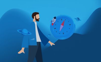Mann mit Kompass, Planeten und Rakete