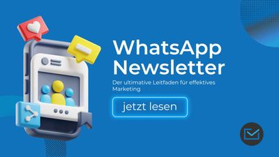 Ein Social-Media-Post mit Like- und Share Icons und daneben steht in weißer Schrift „WhatsApp Newsletter“